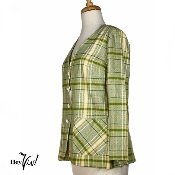 Vintage 60s Collarless Jacket Green Plaid Pockets Union Tag Size 11-12 - Hey Viv - Picture 2 of 12